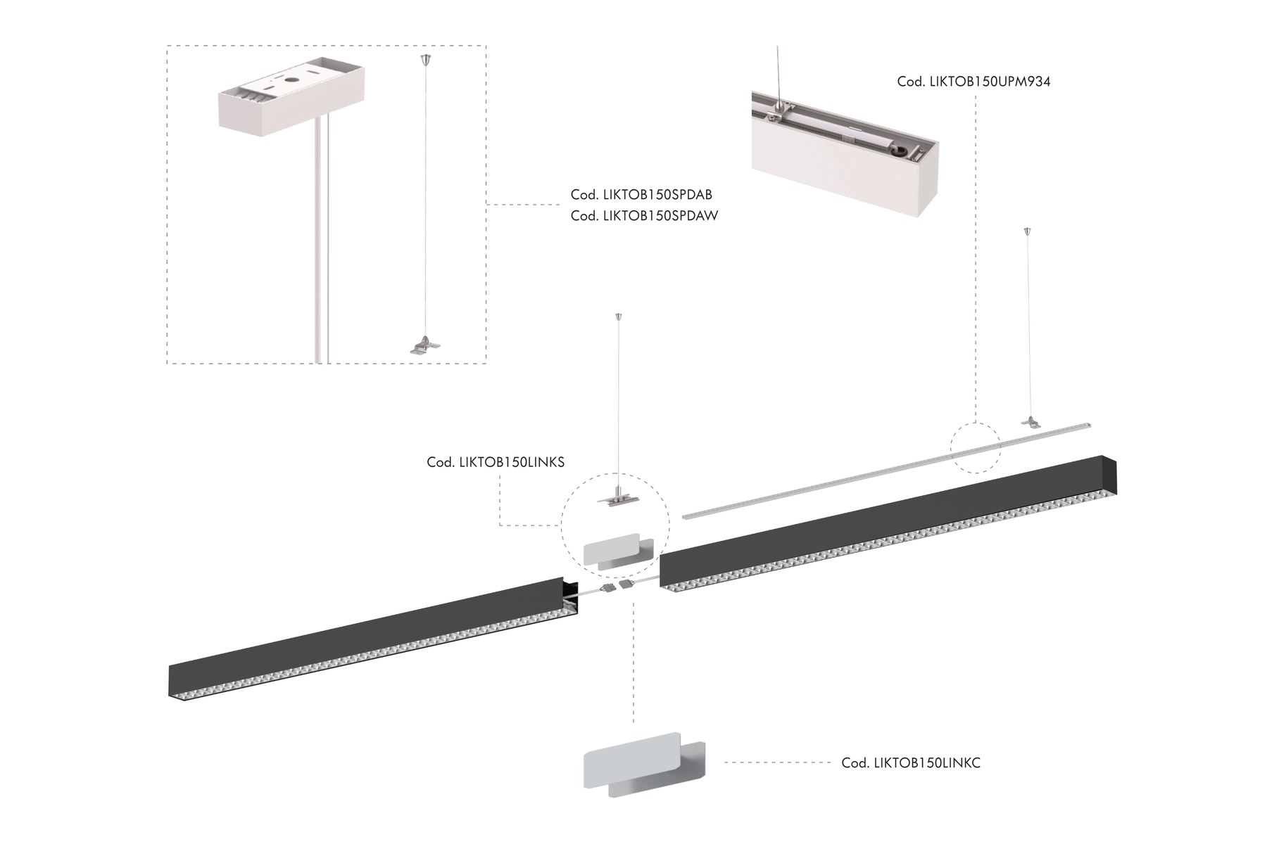 Accessori di OBAN 150: luce indiretta, kit sospensione e kit di connessione lineare